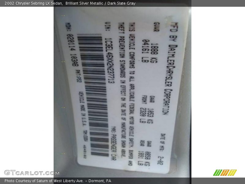 Brilliant Silver Metallic / Dark Slate Gray 2002 Chrysler Sebring LX Sedan