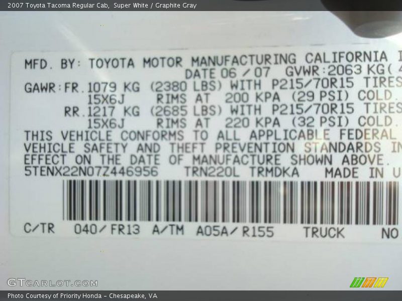 Super White / Graphite Gray 2007 Toyota Tacoma Regular Cab