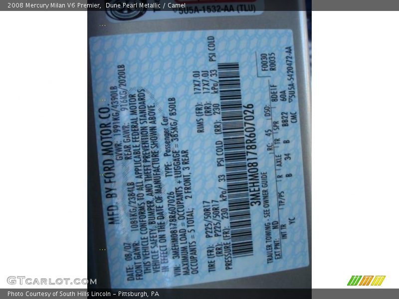 Dune Pearl Metallic / Camel 2008 Mercury Milan V6 Premier