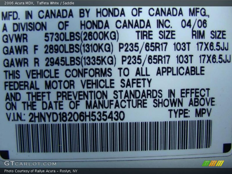 Taffeta White / Saddle 2006 Acura MDX