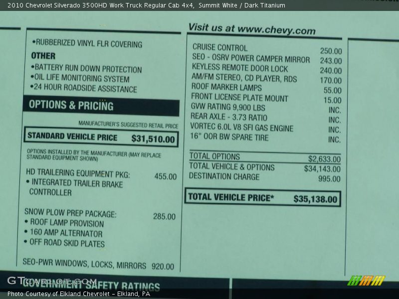 Summit White / Dark Titanium 2010 Chevrolet Silverado 3500HD Work Truck Regular Cab 4x4