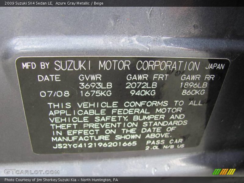 Azure Gray Metallic / Beige 2009 Suzuki SX4 Sedan LE