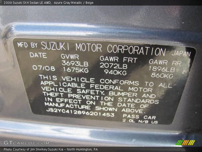 Azure Gray Metallic / Beige 2009 Suzuki SX4 Sedan LE AWD