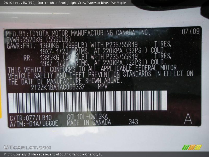 Starfire White Pearl / Light Gray/Espresso Birds-Eye Maple 2010 Lexus RX 350