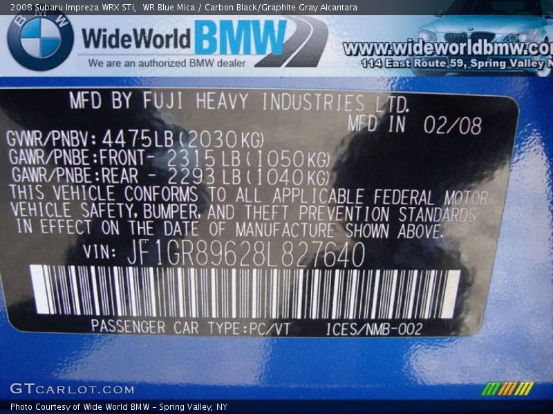 WR Blue Mica / Carbon Black/Graphite Gray Alcantara 2008 Subaru Impreza WRX STi
