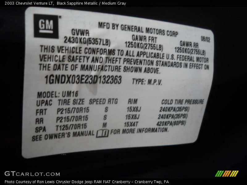Black Sapphire Metallic / Medium Gray 2003 Chevrolet Venture LT