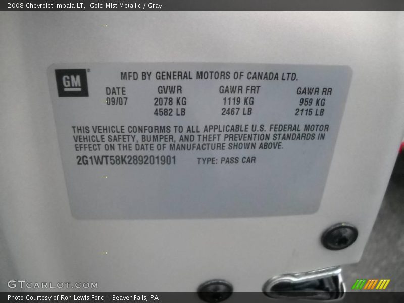 Gold Mist Metallic / Gray 2008 Chevrolet Impala LT