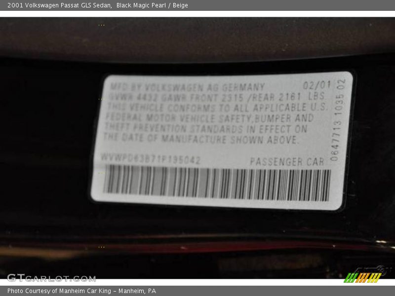 Black Magic Pearl / Beige 2001 Volkswagen Passat GLS Sedan