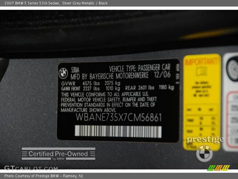 Silver Grey Metallic / Black 2007 BMW 5 Series 530i Sedan