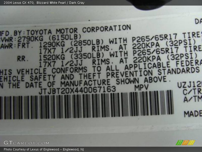 Blizzard White Pearl / Dark Gray 2004 Lexus GX 470
