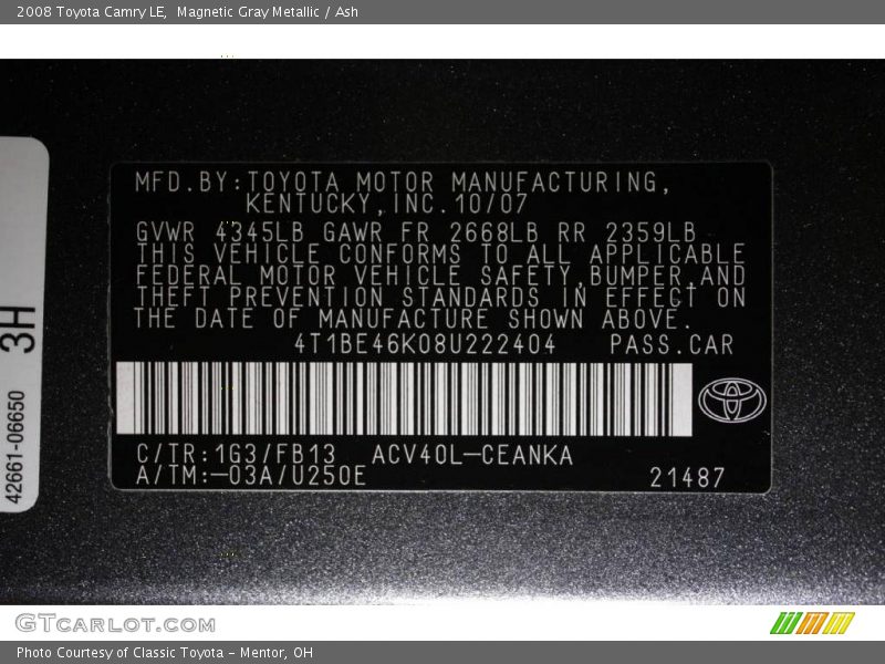 Magnetic Gray Metallic / Ash 2008 Toyota Camry LE