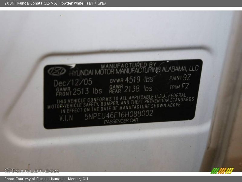 Powder White Pearl / Gray 2006 Hyundai Sonata GLS V6