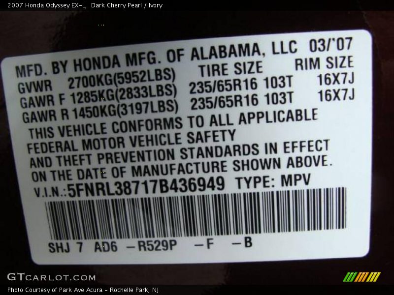 Dark Cherry Pearl / Ivory 2007 Honda Odyssey EX-L