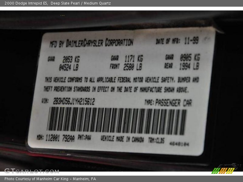 Deep Slate Pearl / Medium Quartz 2000 Dodge Intrepid ES