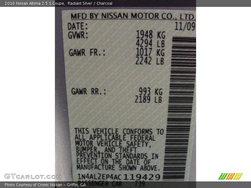 Radiant Silver / Charcoal 2010 Nissan Altima 2.5 S Coupe