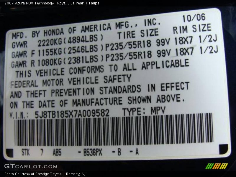 Royal Blue Pearl / Taupe 2007 Acura RDX Technology