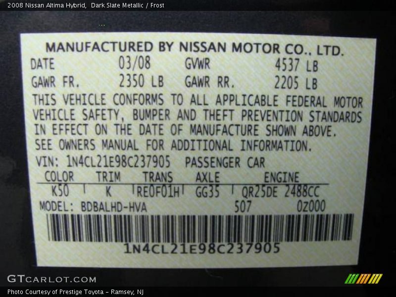 Dark Slate Metallic / Frost 2008 Nissan Altima Hybrid