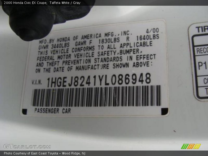 Taffeta White / Gray 2000 Honda Civic EX Coupe