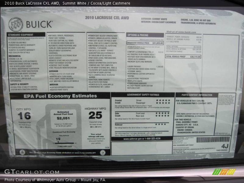 Summit White / Cocoa/Light Cashmere 2010 Buick LaCrosse CXL AWD
