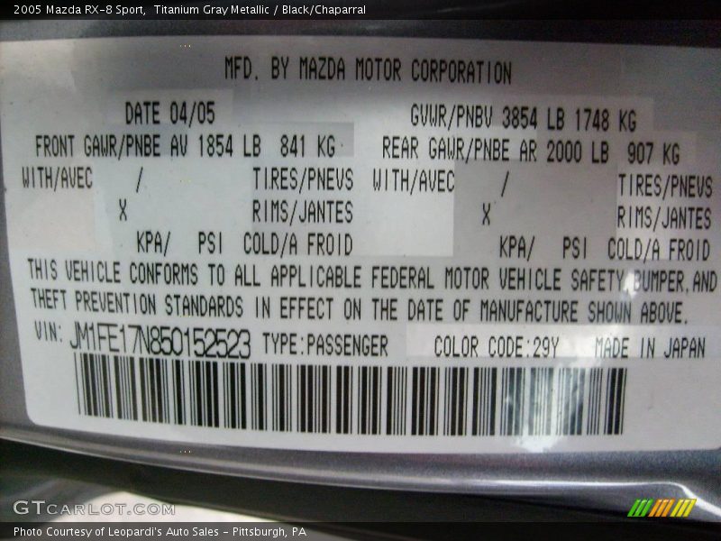 Titanium Gray Metallic / Black/Chaparral 2005 Mazda RX-8 Sport