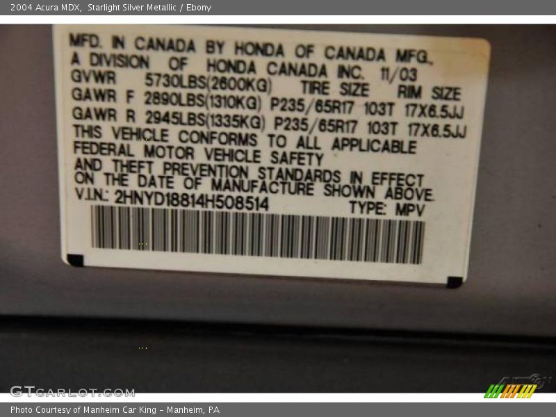 Starlight Silver Metallic / Ebony 2004 Acura MDX