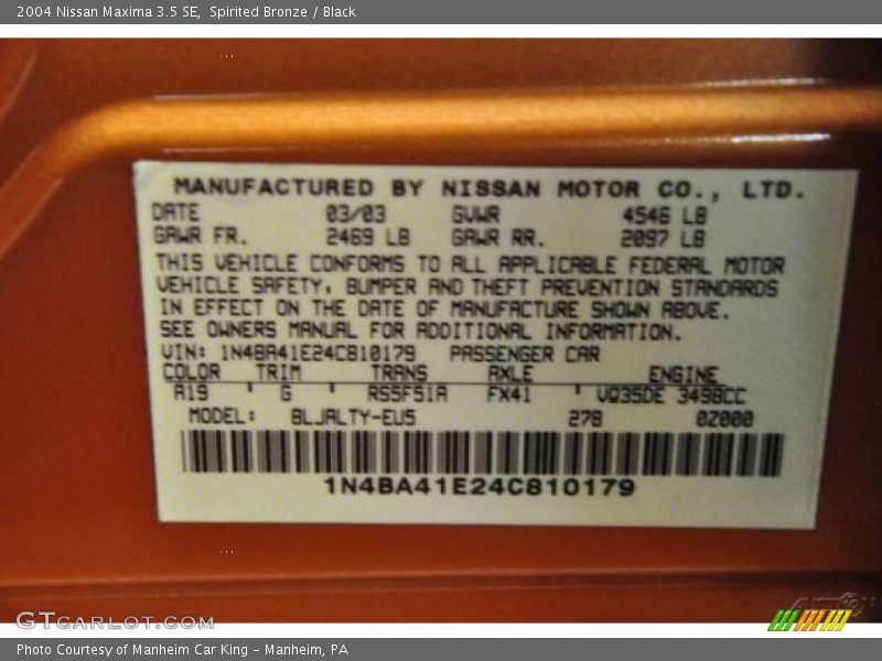 Spirited Bronze / Black 2004 Nissan Maxima 3.5 SE
