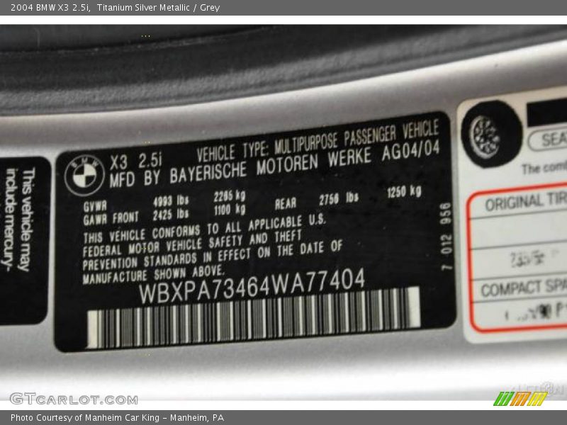 Titanium Silver Metallic / Grey 2004 BMW X3 2.5i
