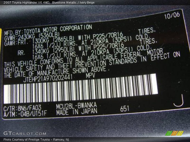 Bluestone Metallic / Ivory Beige 2007 Toyota Highlander V6 4WD
