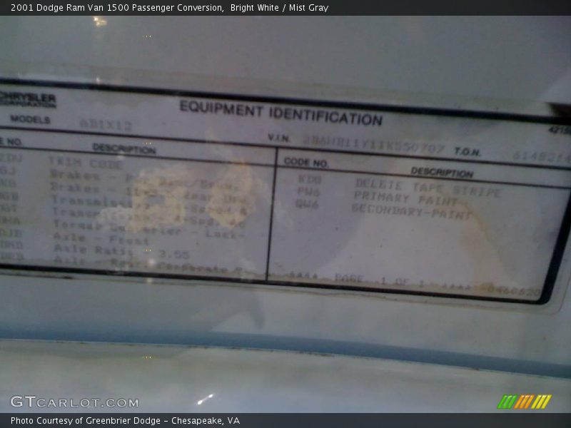 Bright White / Mist Gray 2001 Dodge Ram Van 1500 Passenger Conversion