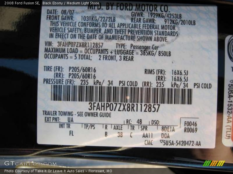 Black Ebony / Medium Light Stone 2008 Ford Fusion SE