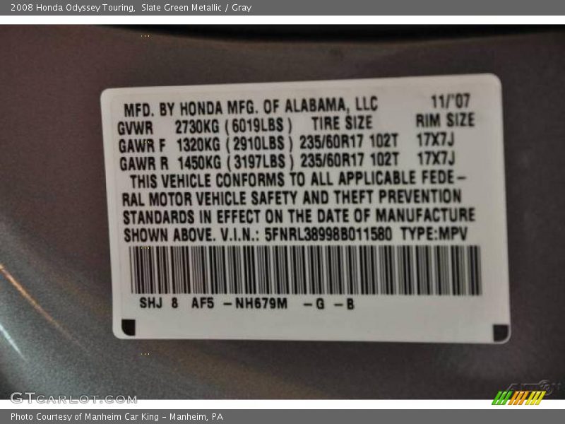 Slate Green Metallic / Gray 2008 Honda Odyssey Touring