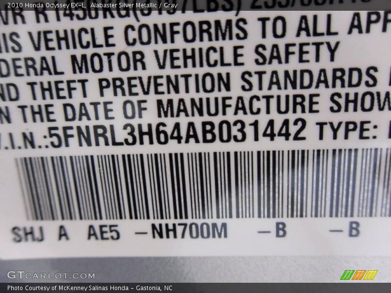 Alabaster Silver Metallic / Gray 2010 Honda Odyssey EX-L