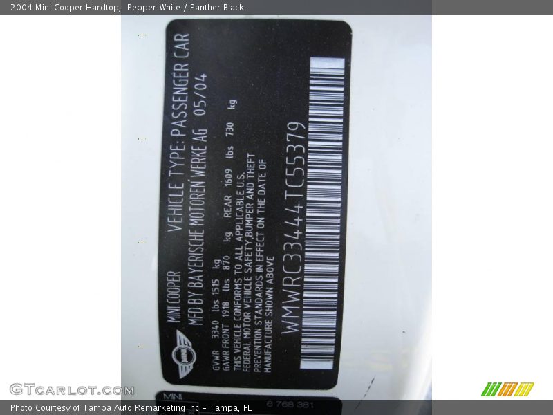 Pepper White / Panther Black 2004 Mini Cooper Hardtop