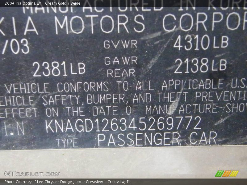 Cream Gold / Beige 2004 Kia Optima EX