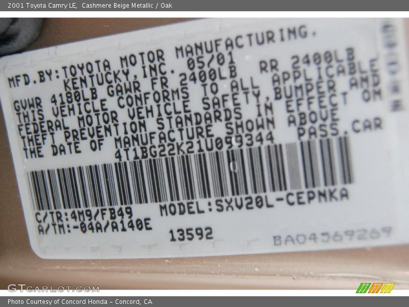 Cashmere Beige Metallic / Oak 2001 Toyota Camry LE