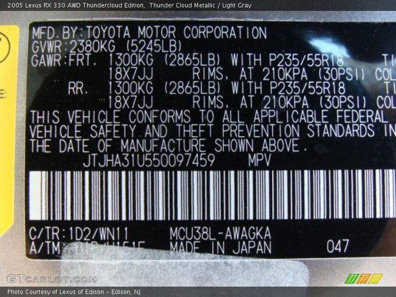 Thunder Cloud Metallic / Light Gray 2005 Lexus RX 330 AWD Thundercloud Edition