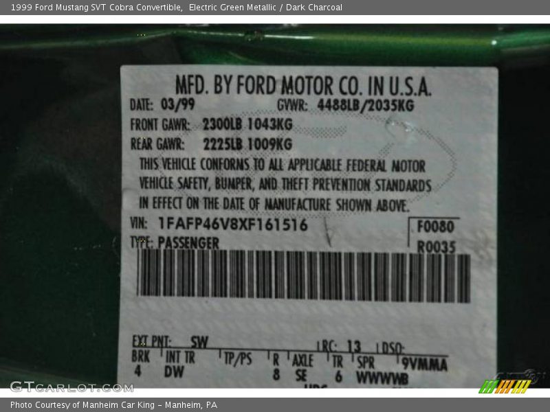 Electric Green Metallic / Dark Charcoal 1999 Ford Mustang SVT Cobra Convertible