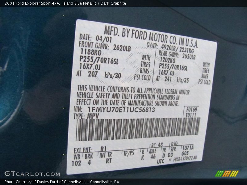 Island Blue Metallic / Dark Graphite 2001 Ford Explorer Sport 4x4