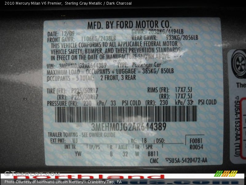 Sterling Gray Metallic / Dark Charcoal 2010 Mercury Milan V6 Premier