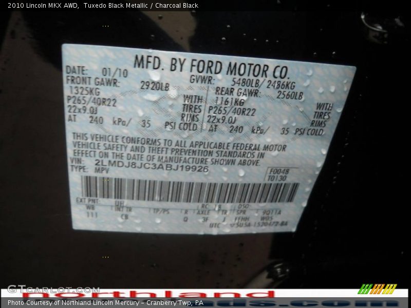 Tuxedo Black Metallic / Charcoal Black 2010 Lincoln MKX AWD