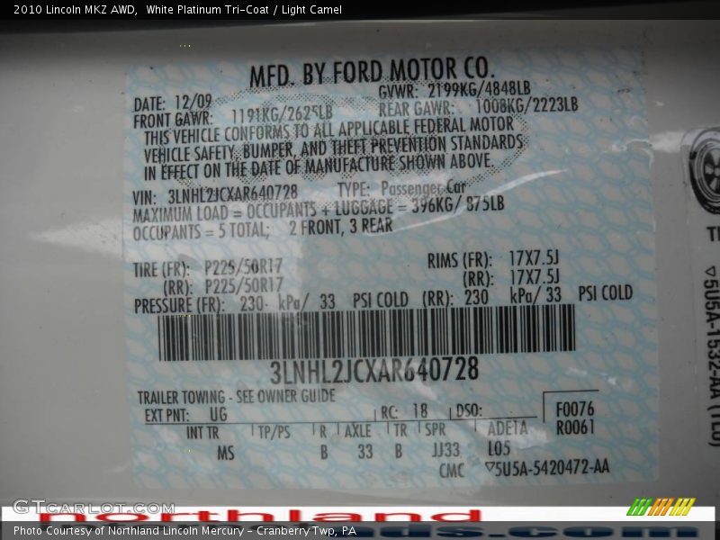 White Platinum Tri-Coat / Light Camel 2010 Lincoln MKZ AWD