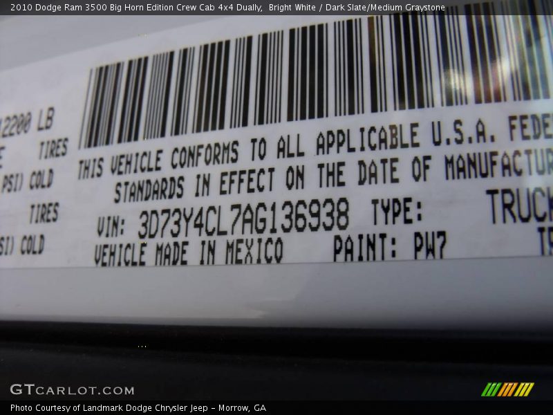 Bright White / Dark Slate/Medium Graystone 2010 Dodge Ram 3500 Big Horn Edition Crew Cab 4x4 Dually
