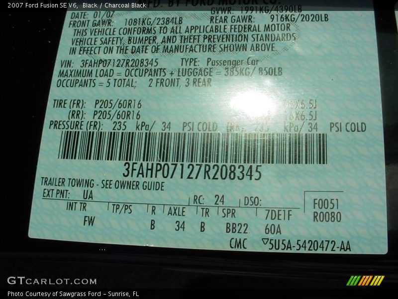 Black / Charcoal Black 2007 Ford Fusion SE V6