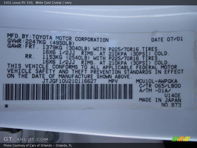 White Gold Crystal / Ivory 2001 Lexus RX 300