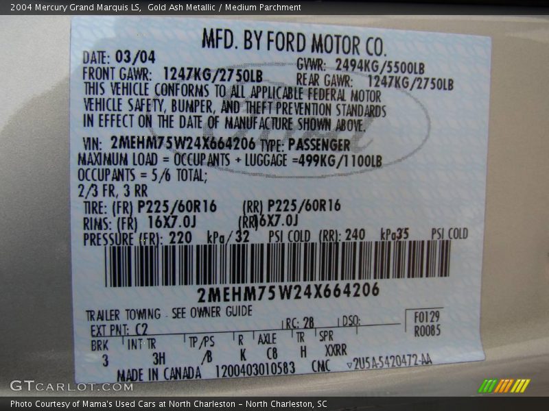 Gold Ash Metallic / Medium Parchment 2004 Mercury Grand Marquis LS