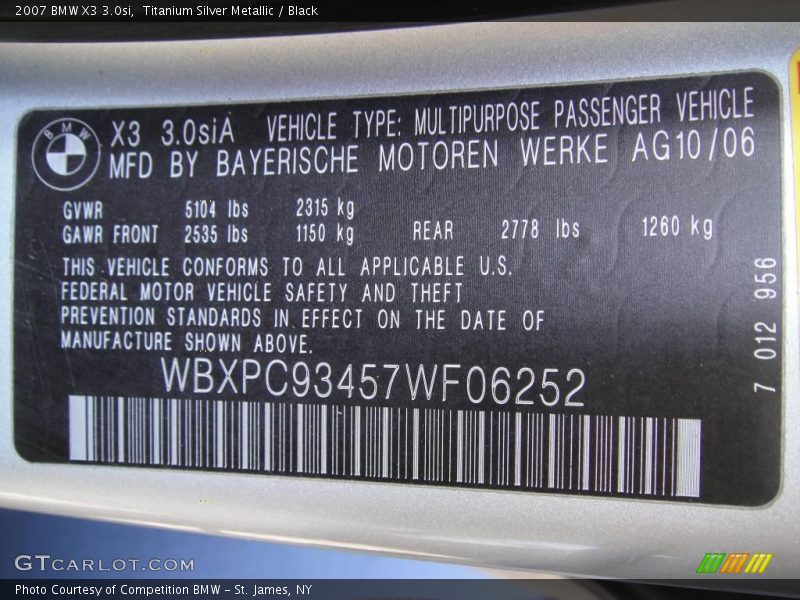 Titanium Silver Metallic / Black 2007 BMW X3 3.0si