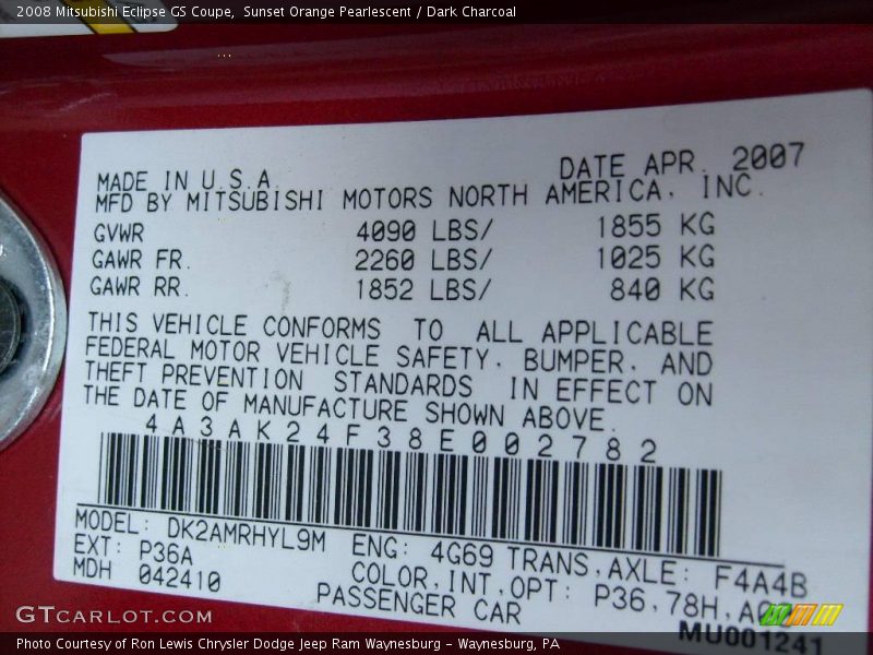 Sunset Orange Pearlescent / Dark Charcoal 2008 Mitsubishi Eclipse GS Coupe