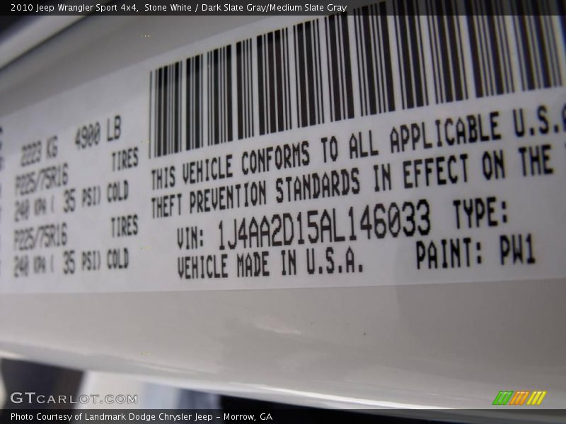 Stone White / Dark Slate Gray/Medium Slate Gray 2010 Jeep Wrangler Sport 4x4