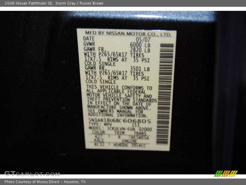 Storm Gray / Russet Brown 2008 Nissan Pathfinder SE