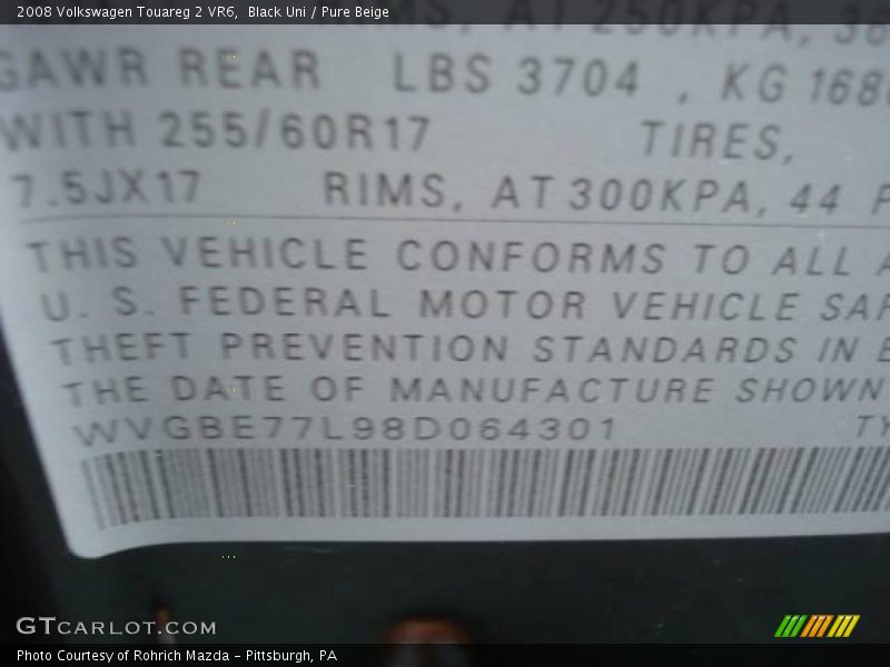 Black Uni / Pure Beige 2008 Volkswagen Touareg 2 VR6